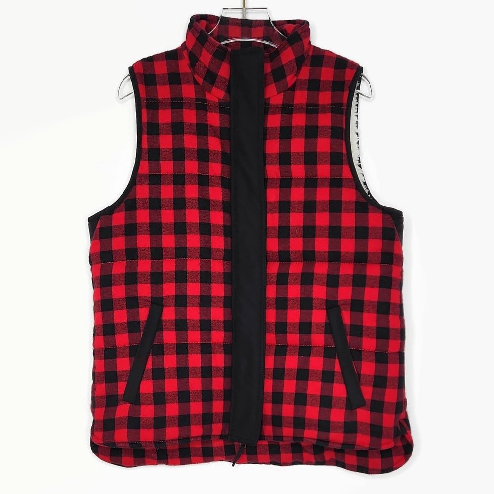 Madewell Fireside Puffer Vest Buffalo Plaid Med Red Black Faux Shearling…